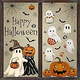 Whaline 6 Sheets Halloween Window Clings Vintage Ghost Evil Pumpkin Bat Reusable Window Decals for Halloween Fall Party Supplies Home Glass Decor