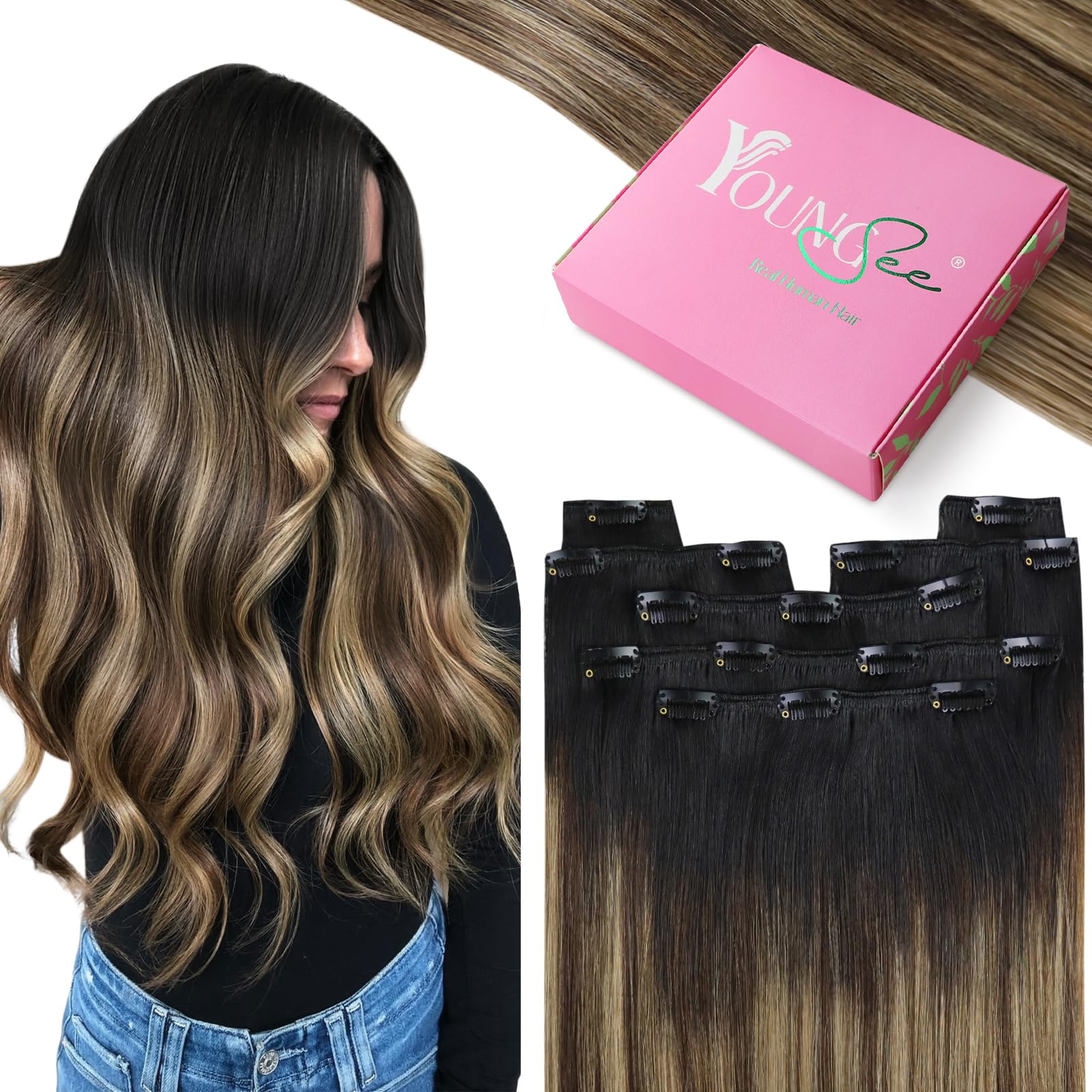 YoungSee Human Hair Extensions Clip in 12inch 80g Clip in Hair Extensions Black Ombre Dark Brown with Blonde Clips in Human Hair Extensions Brown for Beginners Short Straight 7pcs Double Weft — image 1
