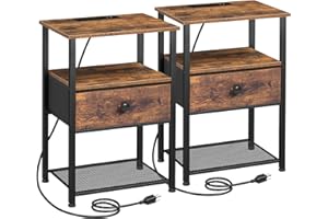 LOAKEKEL Night Stand Set 2, Nightstand with Charging Station, End Tables Living Room with Fabric Drawer for Small Spaces, Bed Side Tables with Storage Shelf for Bedroom, Rustic Brown HETS010PBR