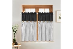 ASPMIZ Cotton Linen Farmhouse Kitchen Curtains, Black with Grey Stripe Tier Curtain 36 Inch Lenth, Boho Rustic Button Short Curtains for Small Window, Half Window Curtain for Kitchen Cafe, 2 Panels