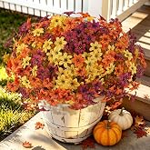 Artificial Fall Flowers for Outdoors, 12 PCS UV Resistant Faux Daisy Mums | 252 Blooms with Gradient Eucalyptus, Fake Mums for Outdoor Planters, Window Boxes, Porch, Patio Decor, Orange Burgundy Yellow