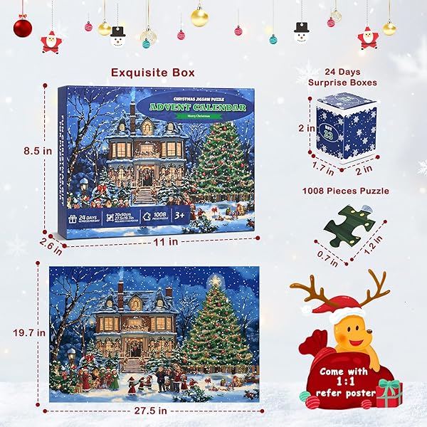 YINHUA 3D COLD GOLD FOIL PRINTING ADVENT CALENDAR 2024 CHRISTMAS JIGSAW PUZZLES 1008 PCS, 24 DAYS CHRISTMAS ADVENT CASTLE COUNTDOWN CALENDAR PUZZLE, CHRISTMAS GIFTS FOR ADULTS KIDS, FAMILY PUZZLES