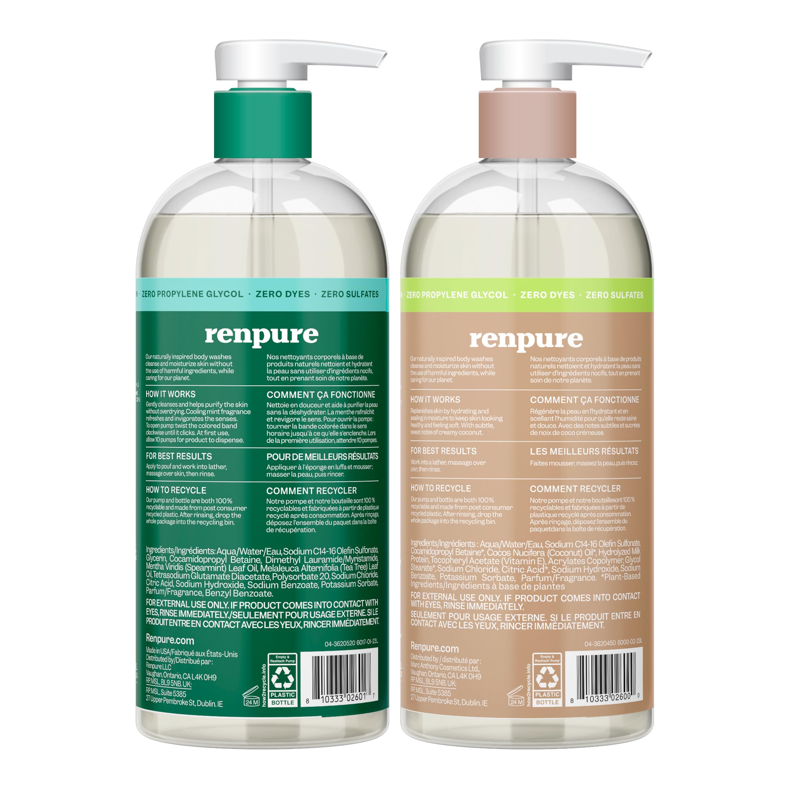 RENPURE LLC Tea Tree Mint Oil & Coconut Vitamin E, Sulfate Free Moisturizing Body Wash For Dry Sensitive Skin, Antibacterial Body & Hand Soap For Men Women Kids & Toddlers, White, 24 Oz