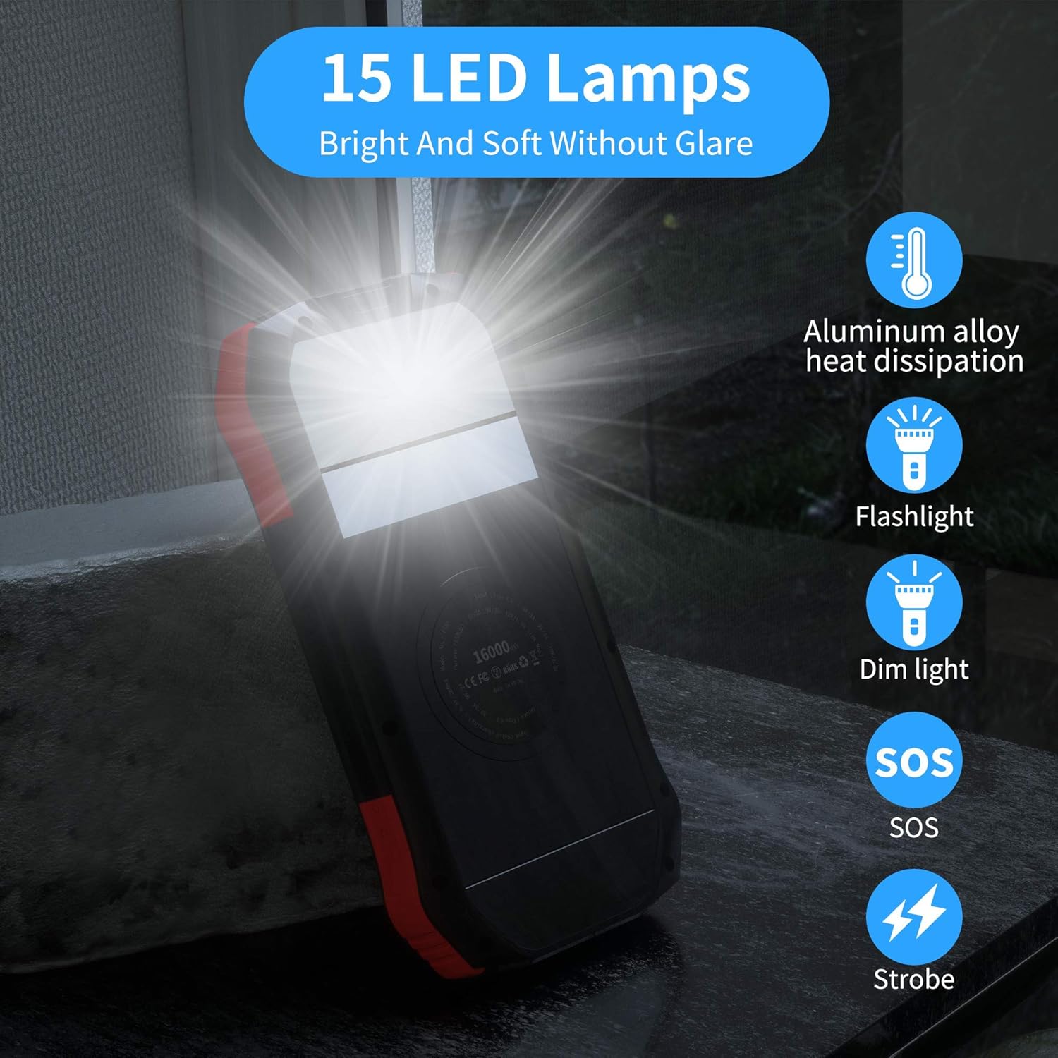 Solar Charger, Portable Charger 16000mAh, Solar Power Bank External Backup Battery USB Type-C Ports, Waterproof Solar Phone Charger Panel Charging for Smartphones, 15 LED Flashlights for Outdoor: Home Audio & Theater