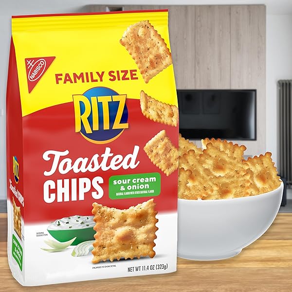 RITZ TOASTED CHIPS SOUR CREAM AND ONION CRACKERS, PARTY SNACKS, FAMILY SIZE, 11.4 OZ