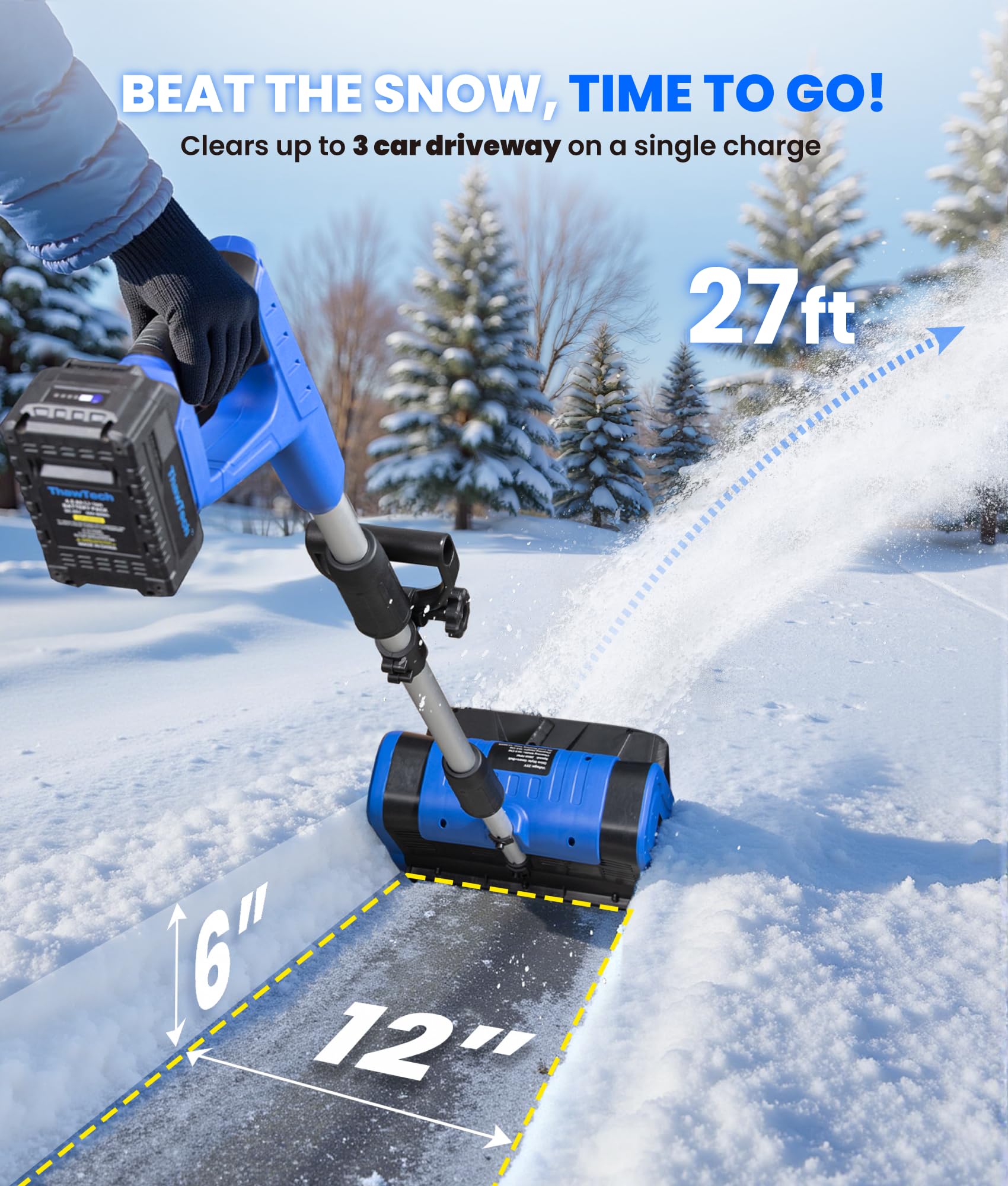 ThawTech Cordless Electric Snow Shovel, 21V, 12-Inch, Adjustable Directional Plate, with 4 Ah Battery and Charger, Electric Snow Blower for Driveway, Steps and Walkways