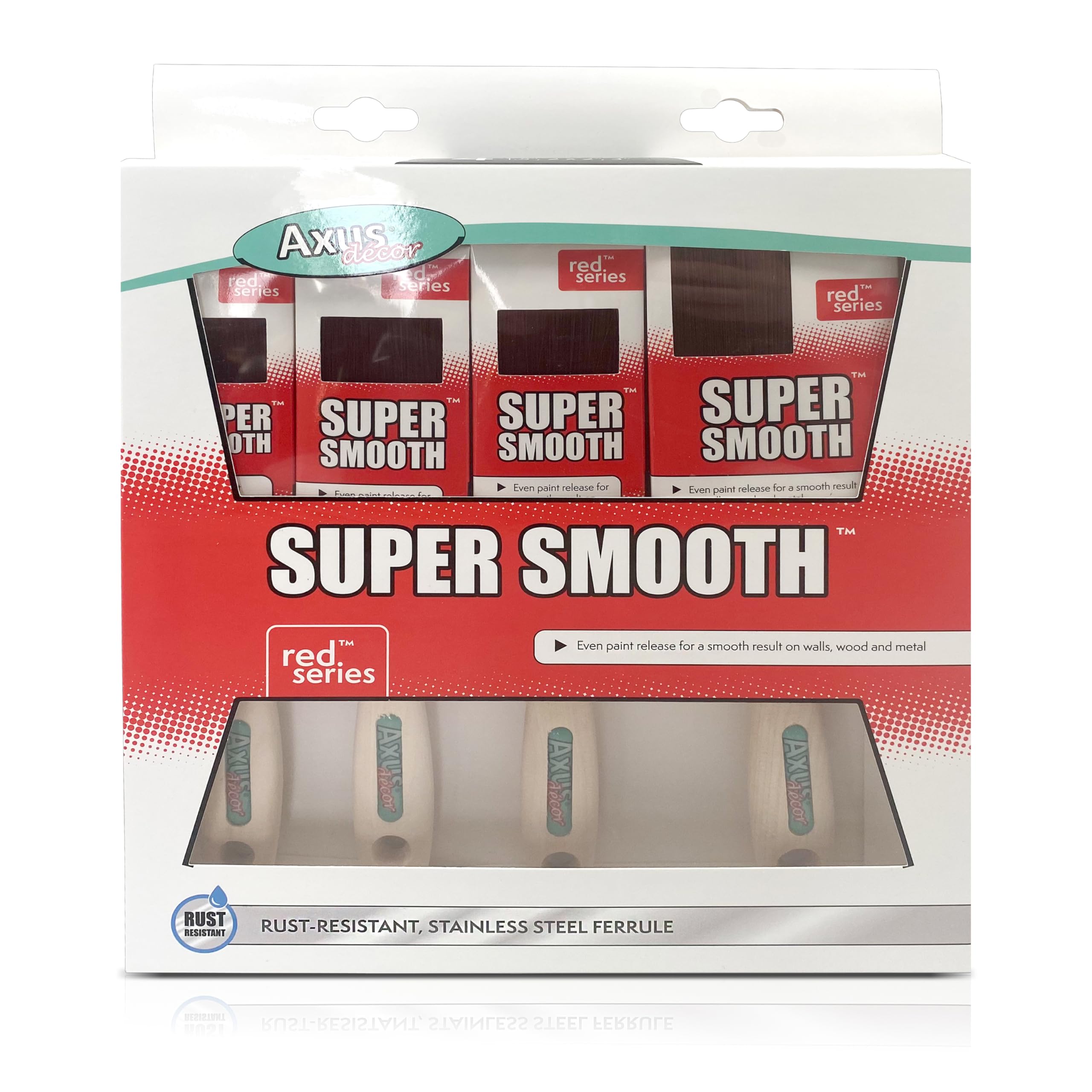 Axus Decor Super Smooth Brush Set (Red Series) Paint Brush For All Paints, Hardwood, Beaver Tail handle, Rust-Resistant Stainless Steel Ferrule, Synthetic Filaments - Set Of 4 (1.5",2x2",3")