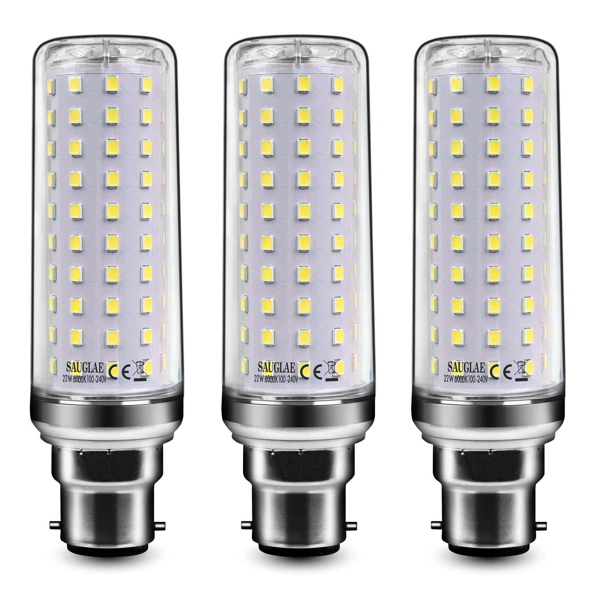 SAUGLAE 22W LED Light Bulbs, 180W Incandescent Bulbs Equivalent, B22d Bayonet Cap, 2500Lm, 6000K Daylight White, Pack of 3
