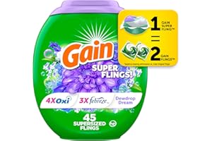 Gain Super Flings Laundry Detergent Pacs, 45 Count, Dewdrop Dream scent, irresistibly clean and fresh washing detergent laundry soap pacs