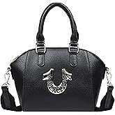True Religion Satchel Bag, Retro Horseshoe Mini Purse with Oversized Logo, Detachable Strap and Gold Hardware, Black