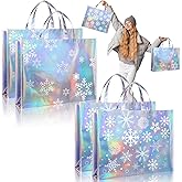 PerKoop 4 Pcs Extra Large Iridescent Christmas Gift Bags 20 x 16 Inch Holographic Snowflake Tote Bags with Handles Reusable Jumbo Frozen Gifts Bags for Holidays Xmas Wrapping Party Favor Supplies