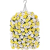 HyeFlora Artificial Flowers with Basket for Outdoors, 3pcs Faux Hanging Morning Glory Silk Fake Flowers Lifelike Plants UV Resistant Flowers for Outside Planter Patio Garden Porch Decor (Yellow)