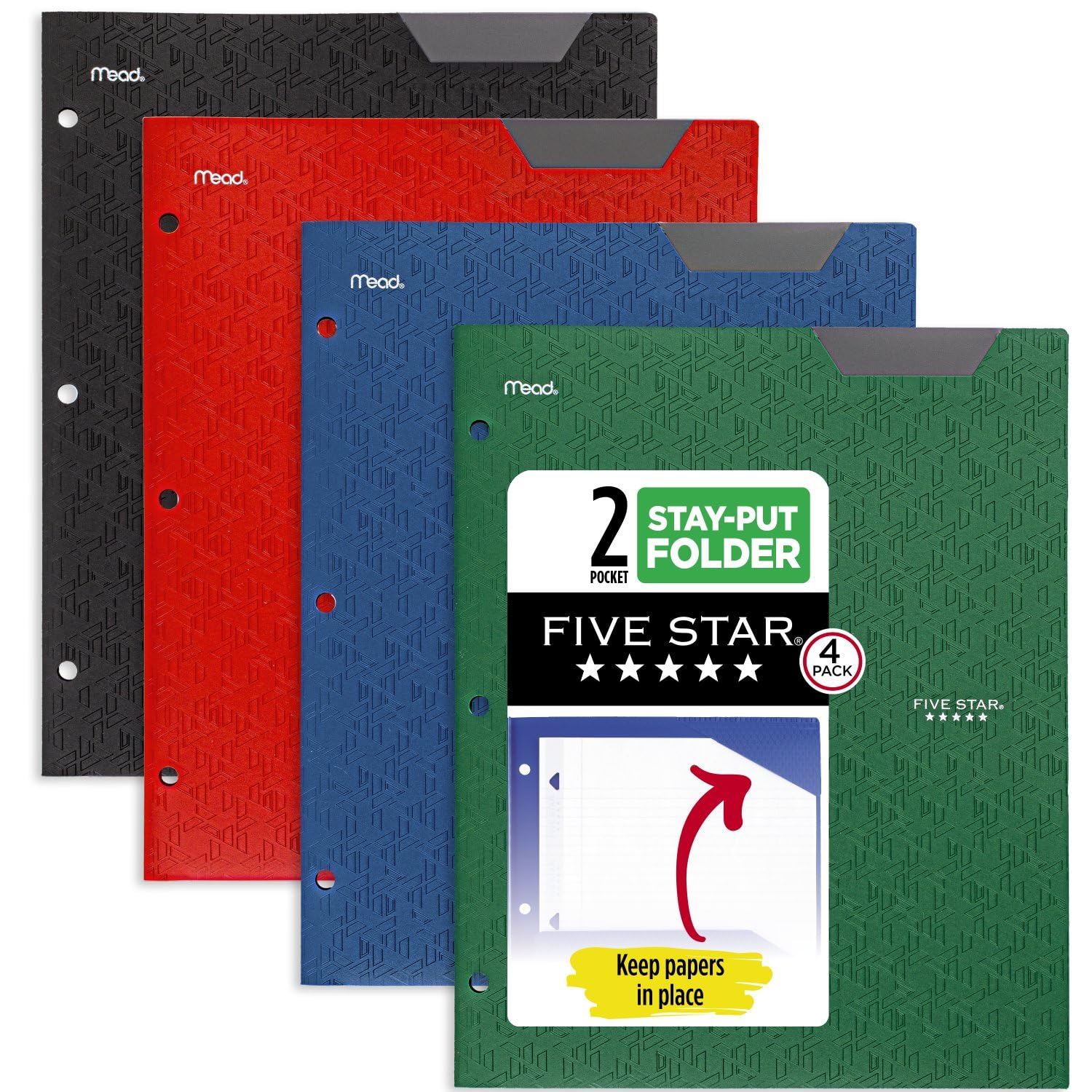 Photo 1 of Five Star 2-Pocket Folder, 4 Pack, Plastic Folder with Stay-Put Tabs and Prong Fasteners, Fits 3-Ring Binder, Holds 8-1/2" x 11” Paper, Black, Fire Red, Forest Green, Pacific Blue (38049)