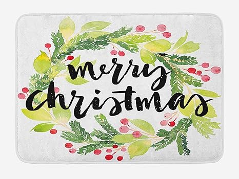 Amazon Assanu クリスマスバスマット水彩画スタイルクリスマスリースと手レタリングヤドリギぬいぐるみバスルーム装飾マットノンスリップバッキング15 7 X 23 6 ホワイトブラック 浴室足ふきマット ホーム キッチン オンライン通販