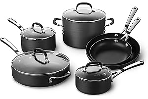 Calphalon 10-Piece Non-Stick Kitchen Cookware Set, Black Pots & Pans with Stay-Cool Stainless Steel Handles, Hard-Anodized Aluminum for Even Heating