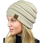 C.C Unisex Chunky Soft Stretch Cable Knit Warm Fuzzy Lined Skully Beanie