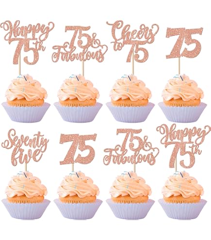 75th Birthday Cupcake Toppers – 24-Pack Glitter “Cheers To 75” Picks, Vintage 1950s Theme, Rose Gold – Perfect For Anniversary Or Party - View #3