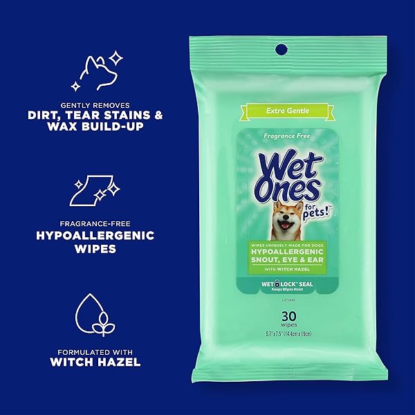 WET ONES FOR PETS EXTRA GENTLE HYPOALLERGENIC DOG WIPES WITH WITCH HAZEL FOR SNOUT, EYE, EAR | FRAGRANCE-FREE FOR ALL DOGS WITH WET LOCK SEAL | 30 CT POUCH