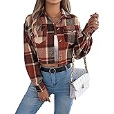 Lingjiazi Women's Cropped Flannel Plaid Shacket Button Down Long Sleeve Shirts Jacket