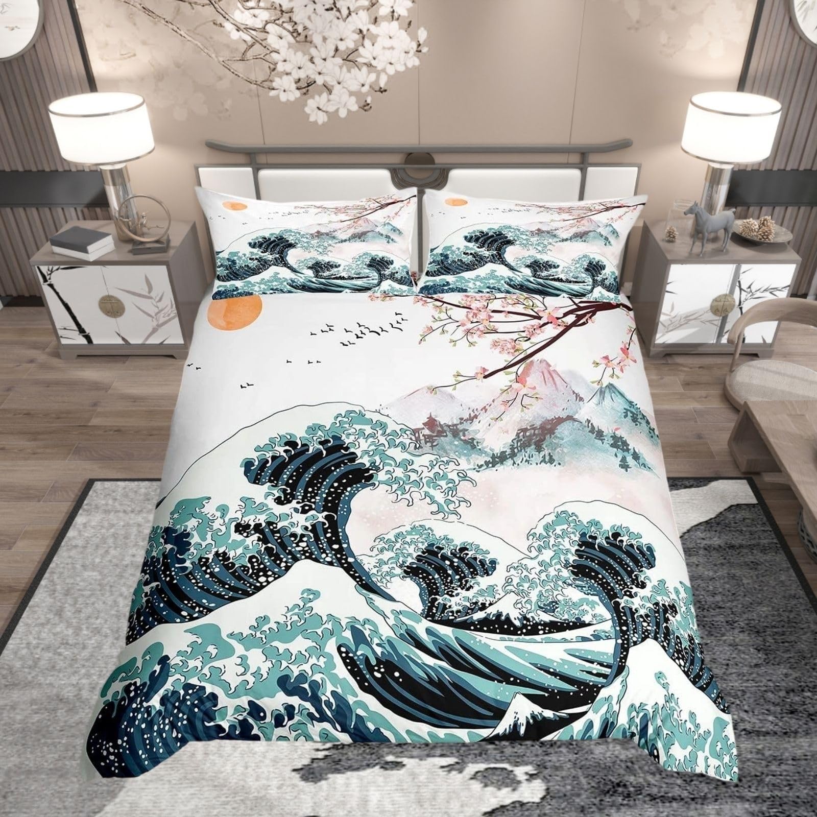 Homewish Cherry Blossom Bedding Set King Fuji Mountain Duvet Cover Japanese Sea Waves Comforter Cover Red Sun White Crane Bird Quilt Cover Kids Ukiyoe Theme Ethnic Kawaii Room Decor — image 1
