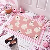 Honoson 2 Pcs Pink Ghost Halloween Doormat Set, Coir Striped Layer Rug | Pink and White Welcome Rug, Spooky Cute Ghost Front Door Decor Outdoor, Pastel Holiday Porch Entryway Mat