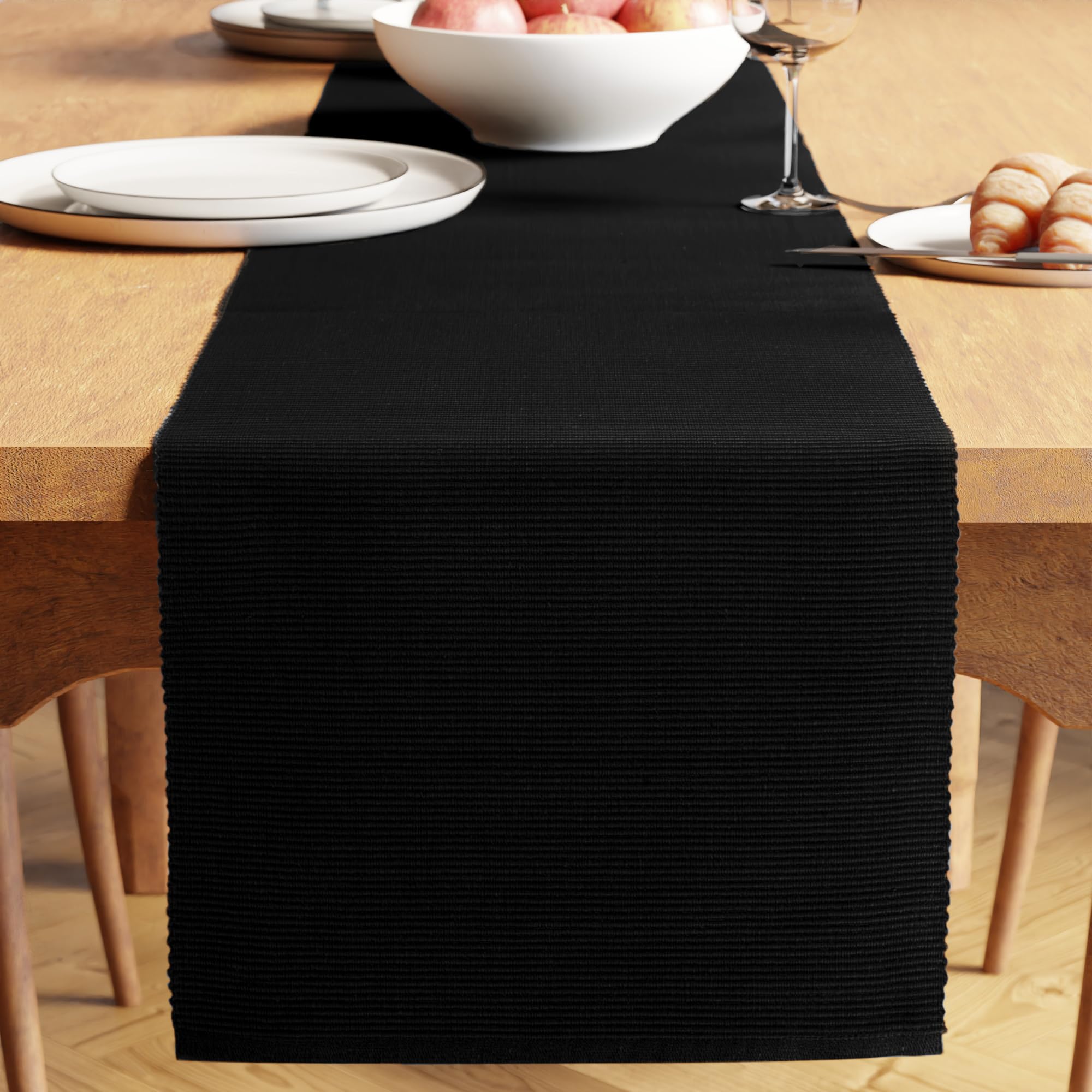 Encasa XO Dining Table Runner 32x150 cm | Yarn Dyed Fine Ribbed Cotton | Solid Black | Machine Washable — image 1