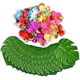 60Pcs Tropical Party Decorations Supplies Tropical Palm Leaves Hibiscus Flower Simulation Artificial Leaf for Hawaiian Luau Safari Party Jungle Beach Theme BBQ Birthday Parties Decorations Table Decor