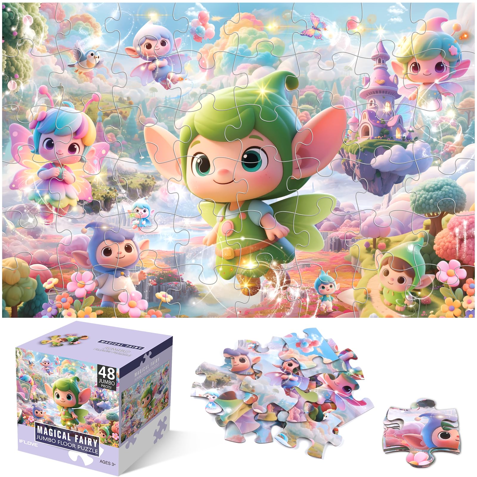 Jumbo Floor Puzzle for Kids,48 Piece Fairy Large Jigsaw Puzzles for Toddler Ages 3-5,Preschool Educational Toy Easter Gift for Boys & Girls Ages 4-8