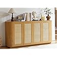 LKTART 64" Sideboard Buffet Cabinet with Storage, Wooden Fluted Storage Cabinet Sideboard with Adjustable Shelves Pressed Spring Rattan Doors for Kitchen Living Room (Natural)