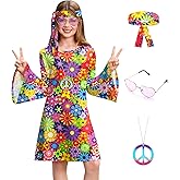 BesserBay Girl's 4 Pcs Halloween 70s Hippie Dress Bell Sleeve Floral Printed Outfit 4-14 Years