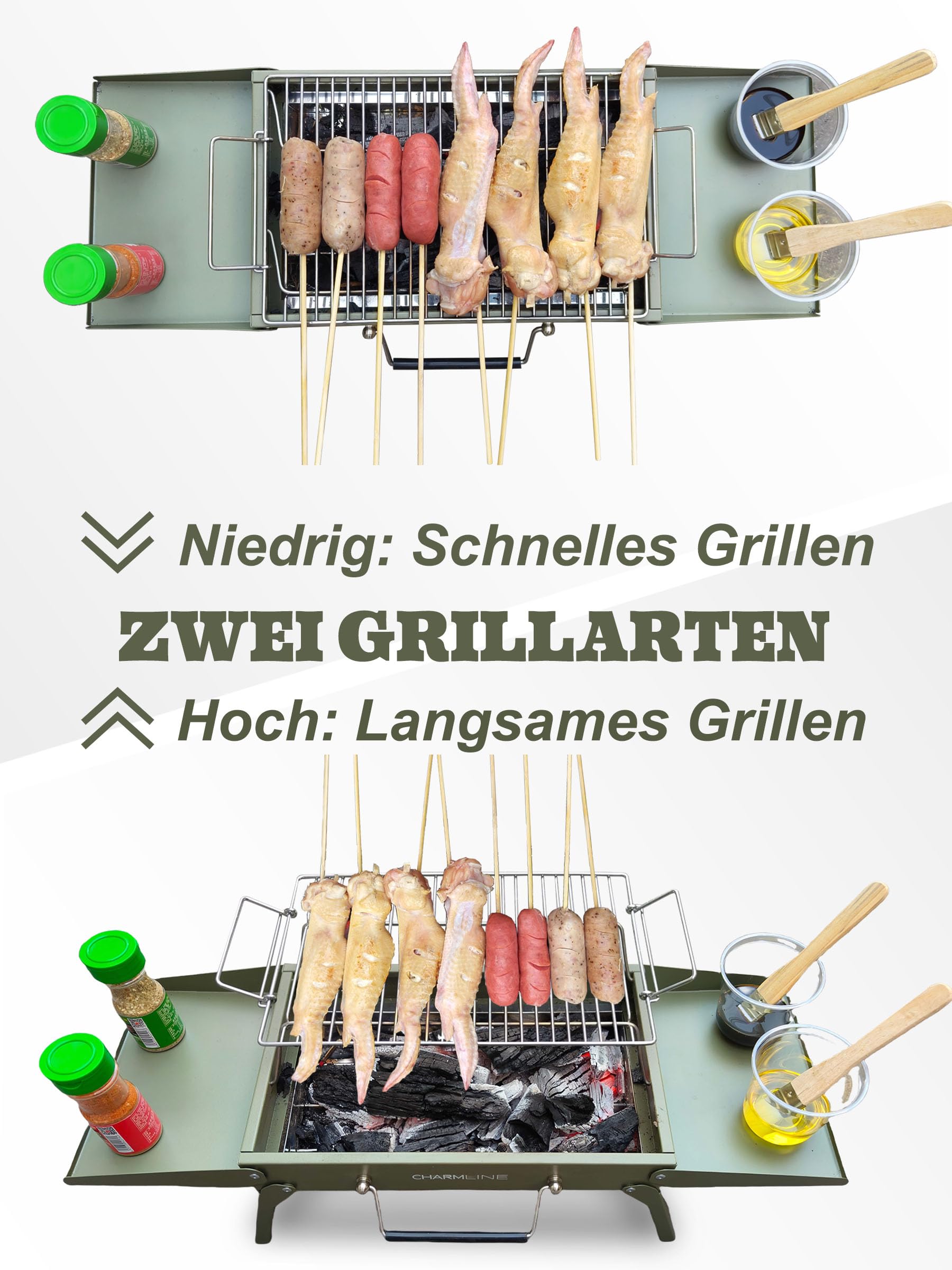 Charmline Tragbarer Holzkohlegrill, Klappbarer Campinggrill 35 x 23 cm für 1–3 Personen, Mini BBQ Grill für Balkon, Garten, Camping, Picknick und Strand, Grün 8