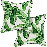 BLSTISCEN Outdoor Throw Pillow with Insert 18x18 Inch, Set of 2, Piping Edge Waterproof Fade Resistant Decorative Fluffy Pillows for Patio Furniture Chair Bench Couch Sofa - Green Leaves White