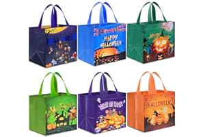 AhfuLife 6 Pcs Halloween Trick or Treat Bags, Candy Tote Bags with Handles, Reusable Non-Woven Gift Bag for Halloween Party Supplies Favors (7.8×7.8×5.9’’)