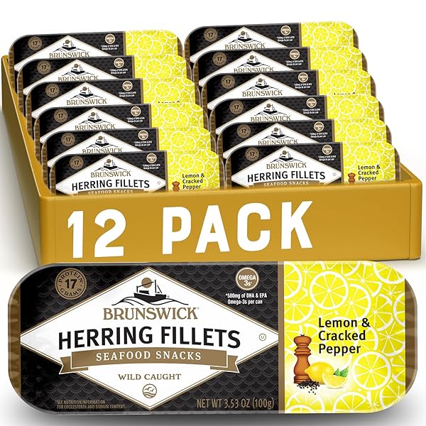 BRUNSWICK HERRING FILLETS IN LEMON & CRACKED PEPPER, 3.53 OZ (PACK OF 12) – 15G PROTEIN PER SERVING – GLUTEN FREE, KETO FRIENDLY – GREAT FOR PASTA & SEAFOOD RECIPES