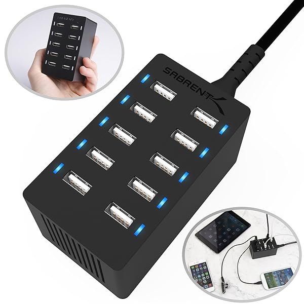 Sabrent 60 Watt (12 Amp) 10-Port Family-Sized Desktop USB Rapid Charger. Smart USB Ports with Auto Detect Technology [Black] (AX-TPCS)