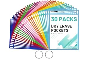 CH HAICHENG 30 Pack Dry Erase Pockets Reusable Sleeves, 10 Assorted Colors Oversized 14x10 Inch Dry Erase Pocket Sleeves with 2 Rings, Teacher Classroom School Supplies