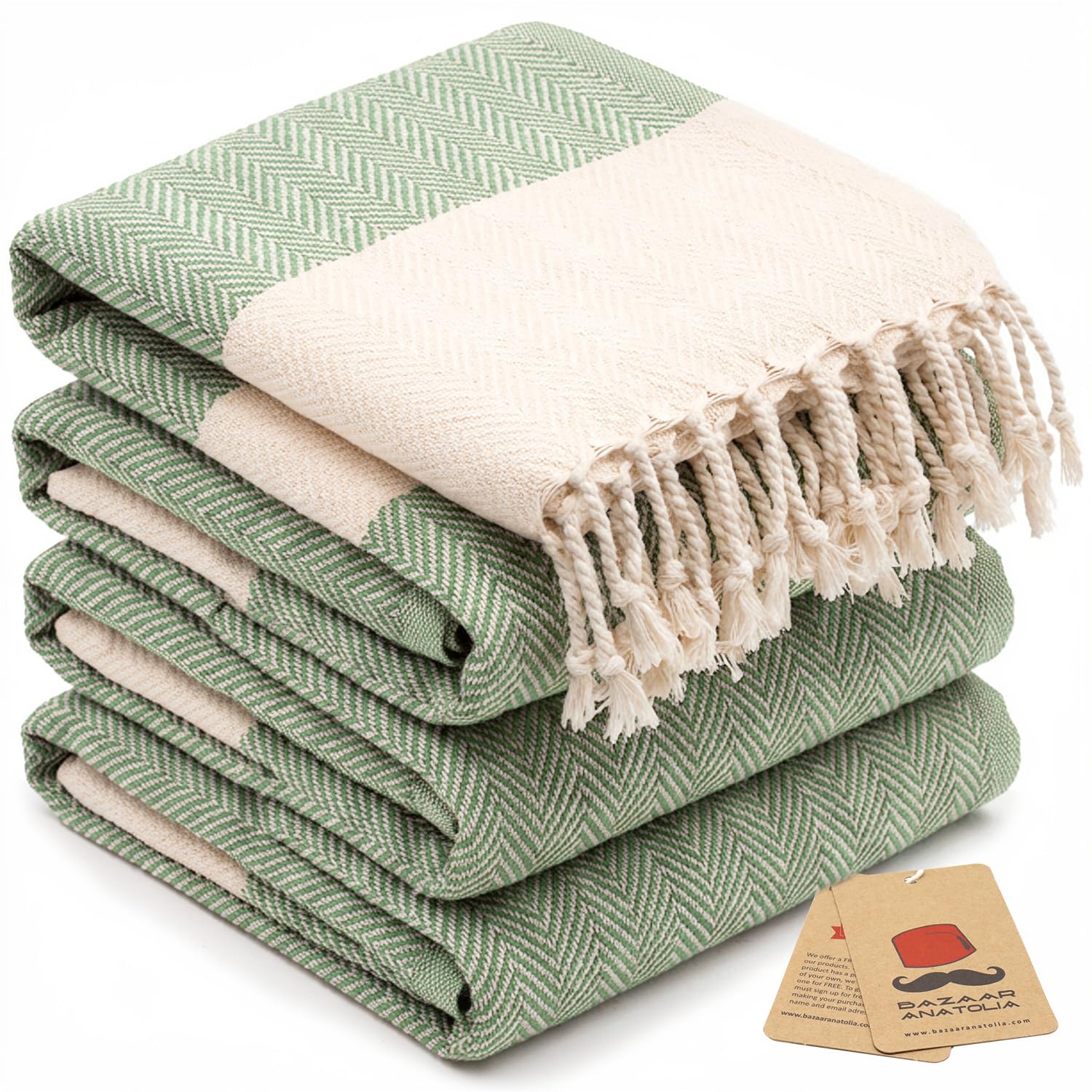 Bazaar Anatolia Hand Towels - Set of 4 | 39" x 19" - Decorative Turkish Hand Towel for Bathroom, 100% Cotton, Kitchen, Face, Hair, Tea, Dishcloth, Green Guest Towels - Herringbone Green