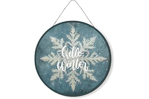 MOTERMATE Vintage Hello Winter Sign, Blue Snowflake Wall Hanging, Front Porch Welcome Decor, 12x12 Inch