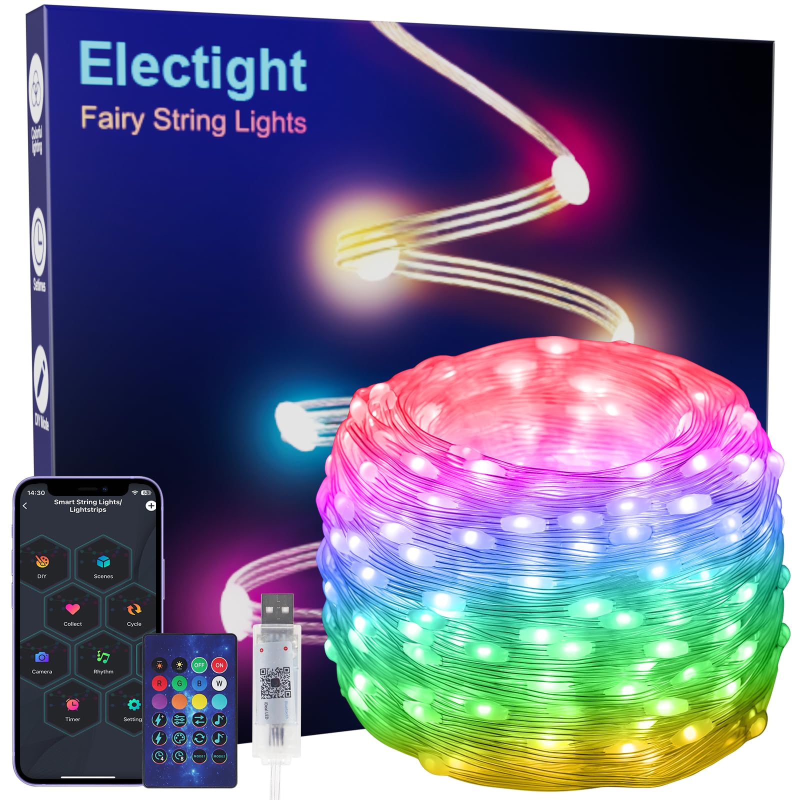 Electight 15M/49FT RGB Smart IC Fairy String Lights Multicolor [APP & Remote Control],Christmas Halloween Lights,99+ Modes Dimmable, USB Powered& Waterproof, for Indoor & Outdoor, Wedding, Deco
