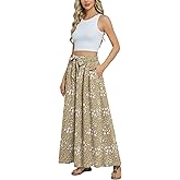 Askyes Womens Maxi Skirt Summer Trendy Tie Knot Elastic High Waisted Boho Casual Beach Flowy Swing Long Skirts with Pockets