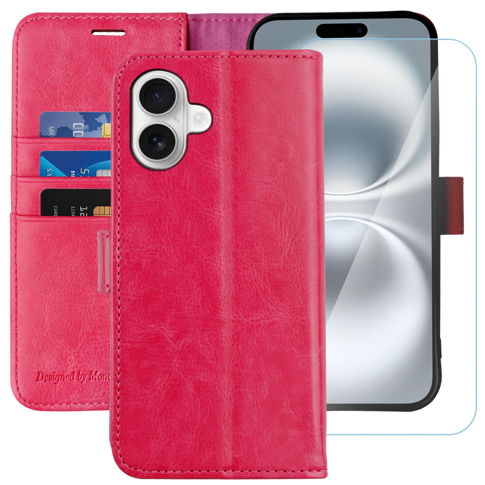 MONASAY for iPhone 16 5G wallet case,[Glass Screen Protector Included] [RFID Blocking] Flip Folio Leather Cell Phone Cover with Credit Card Holder, 6.1-inch, Hot-pink