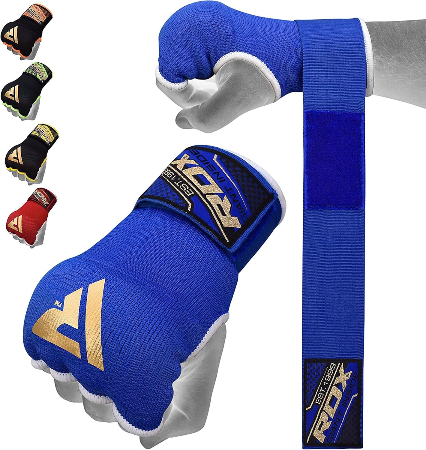 RDX boxing elastic inner gloves, MMA, boxing bandages, gloves, thumb loops, Multicolor (Blue/Gold), X-Large