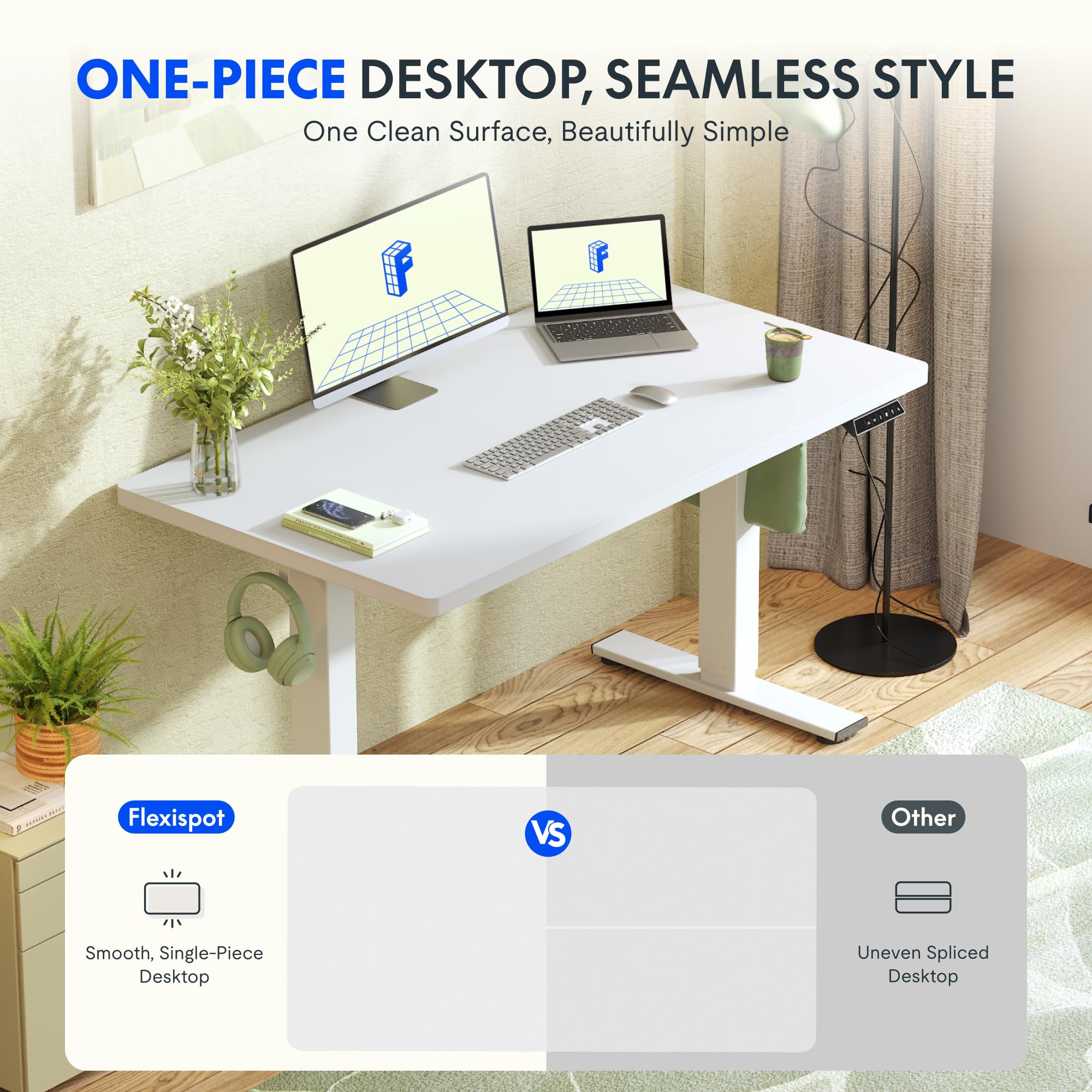 FLEXISPOT Höhenverstellbarer Schreibtisch 160×80cm, mit Haken und 25mm EINTEILIGER Tischplatte, ergonomischer Schreibtisch mit LED-Höhenanzeige und Memory-Funktion (Weiß, Weiß) 3