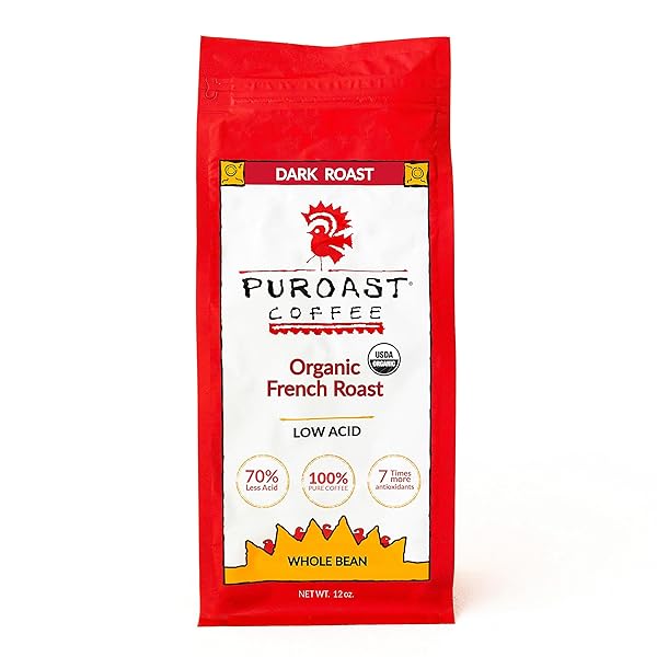 PUROAST LOW ACID COFFEE BEAN | ORGANIC FRENCH ROAST WHOLE BEAN | DARK ROAST | HIGH ANTIOXIDANTS & HIGH PH |NO BITTER AFTERTASTE | REDUCED HEARTBURN & GERD | SUITABLE FOR COLD BREW – 12 OZ