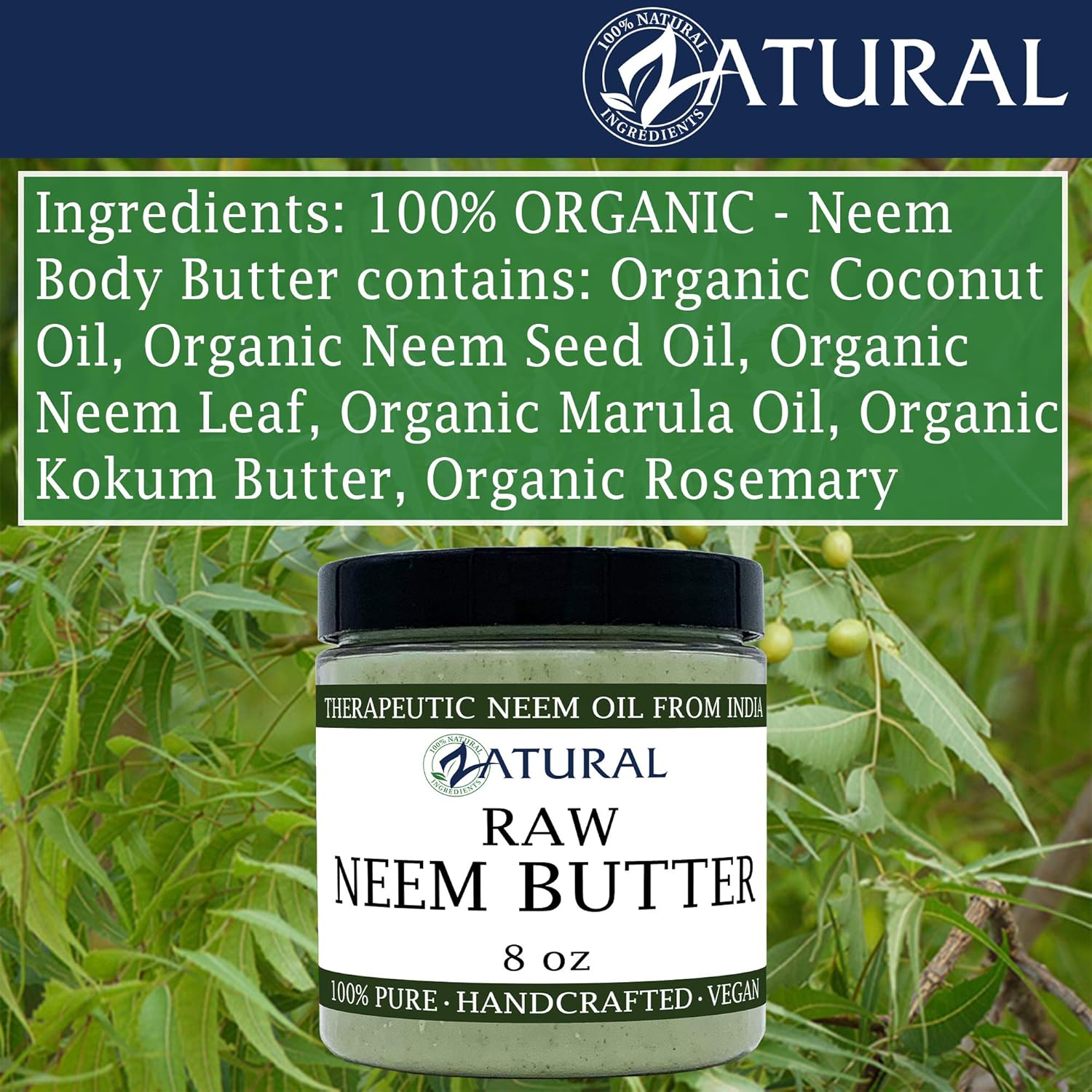 Organic Neem Butter-Coconut Oil, Neem Oil, Neem Leaf, Marula Oil, Kokum Butter, Rosemary (8 Ounce) : Beauty