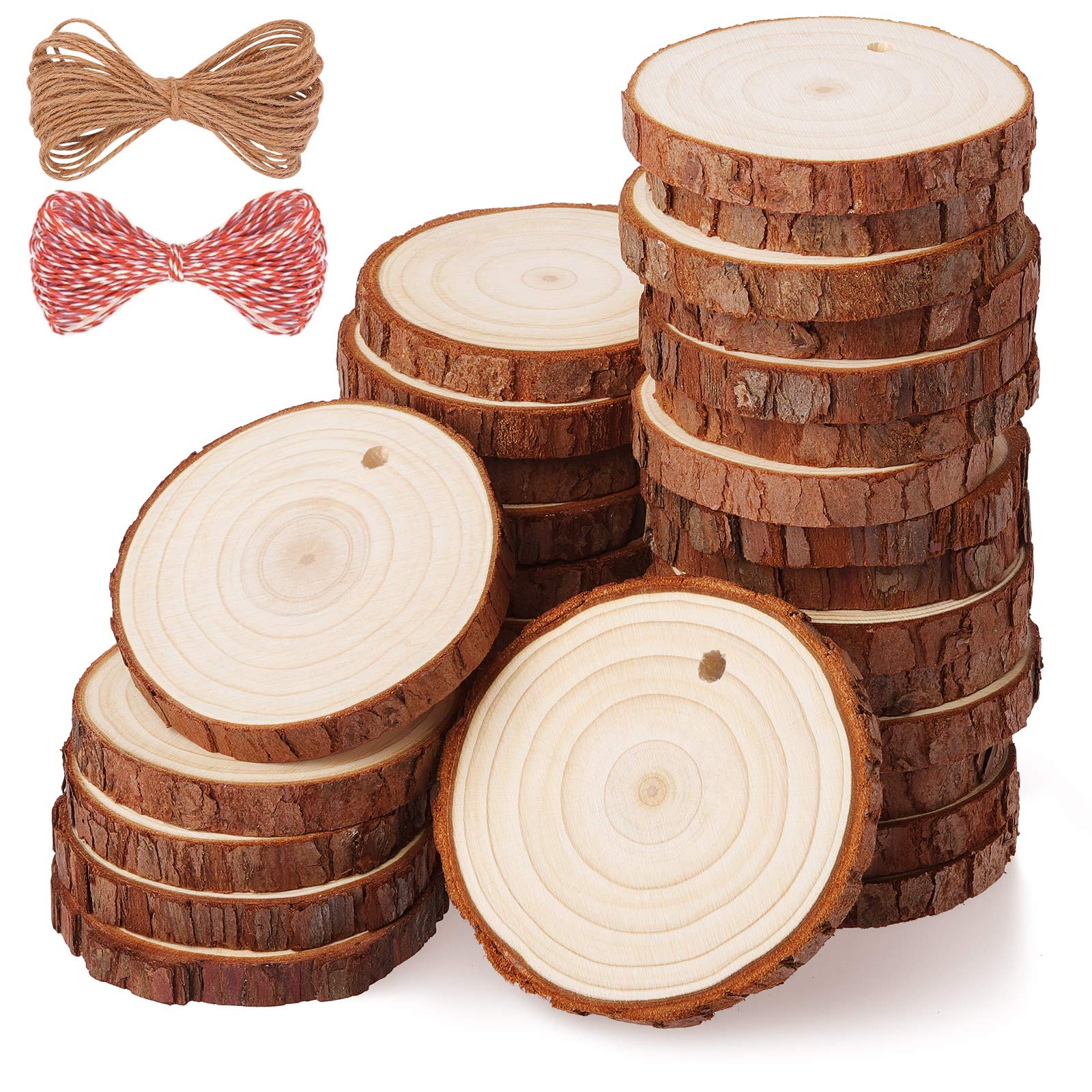 Fuyit Wood Slices 30 Pcs 5-6cm Drilled Hole Natural Unfinished Log Wooden Circles for DIY Crafts Wedding Decorations Christmas Ornaments with Free Gifts