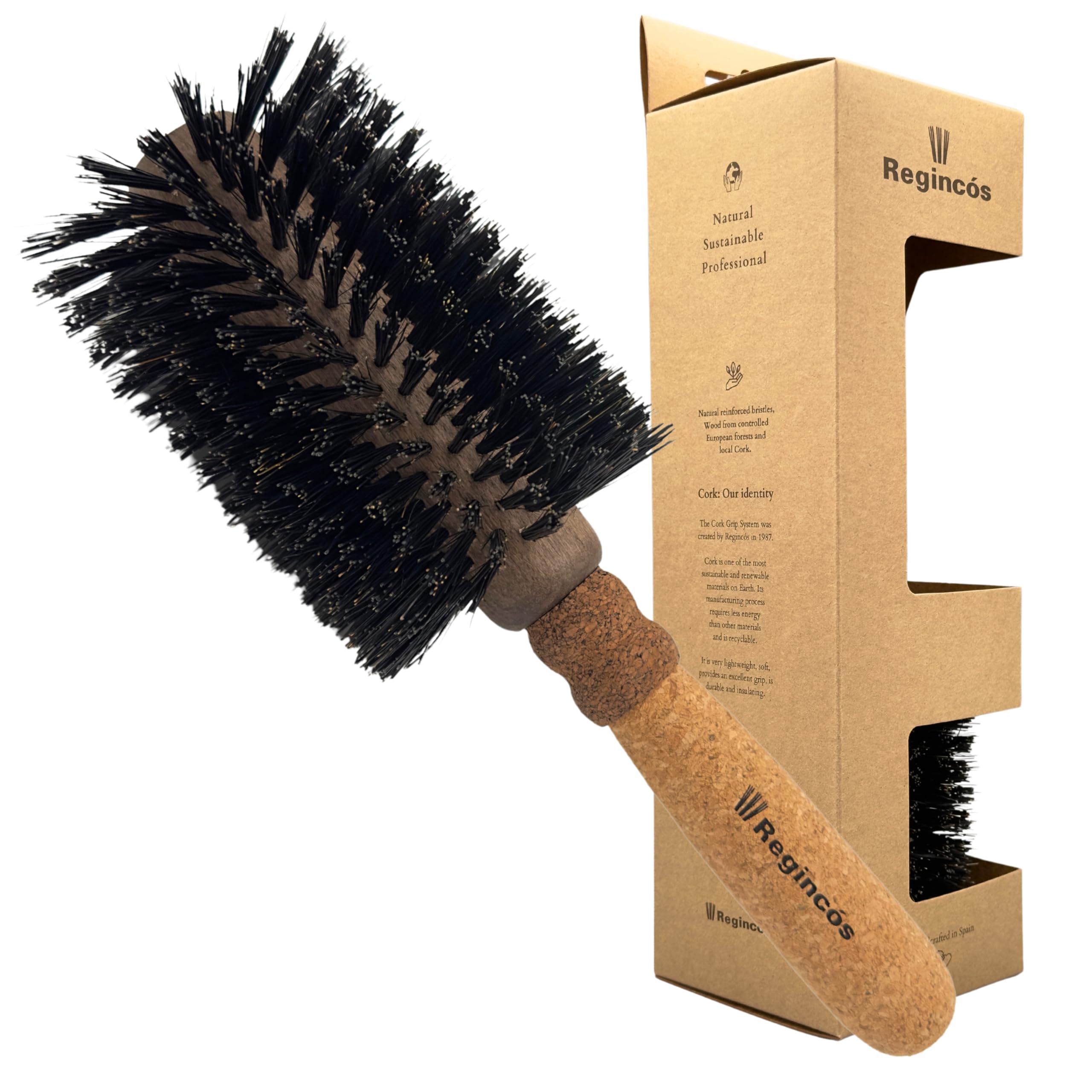 Regincós Round Brush - Eco Cork Wood - E.Cork Black 870 Natural - Professional - Handmade - Large