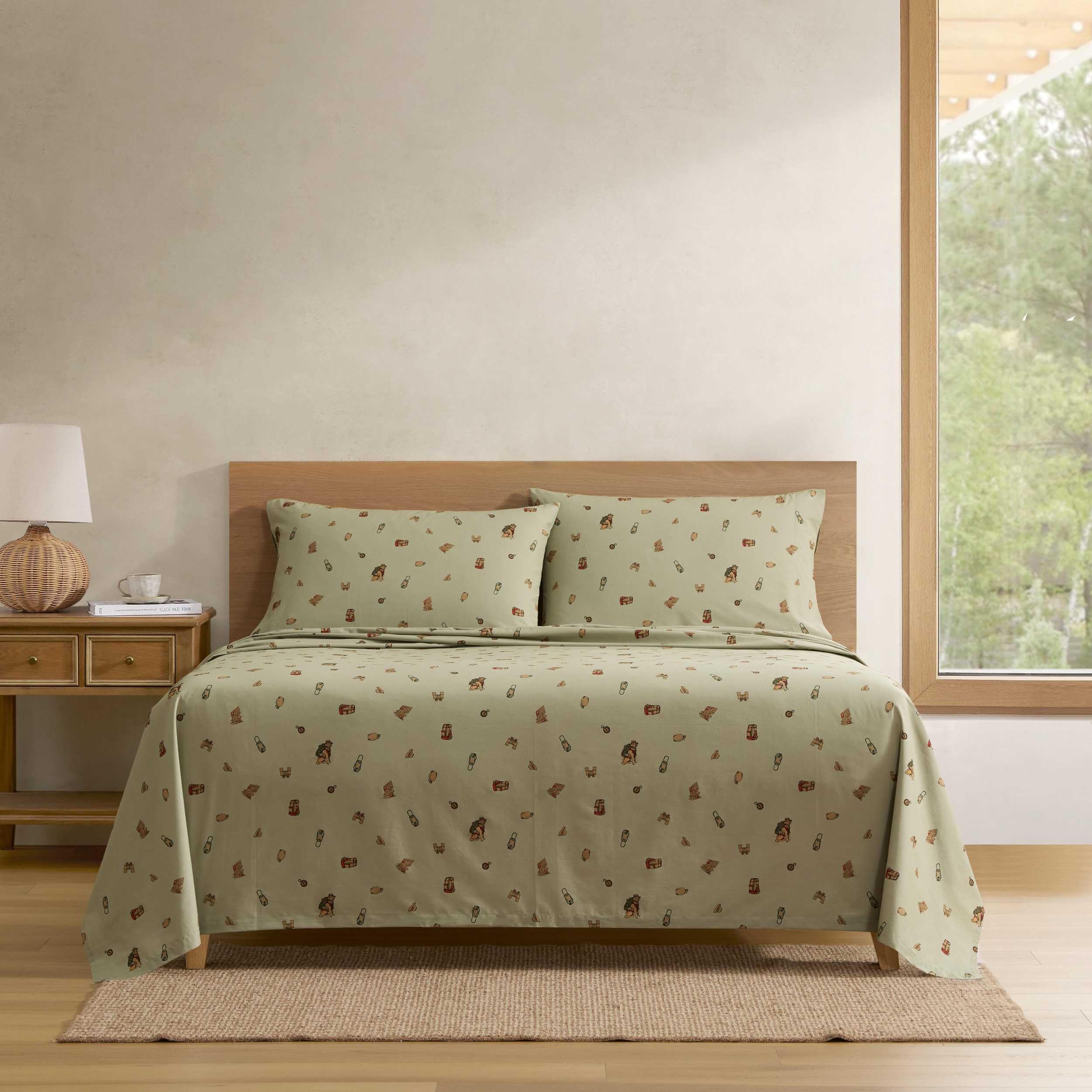 Eddie Bauer - Full Size Sheet Set, Cotton Percale Bedding with Deep Pocket Fitted Sheet, Bed Sheets with Matching Pillowcases, Buddy Camping All Over Green Image