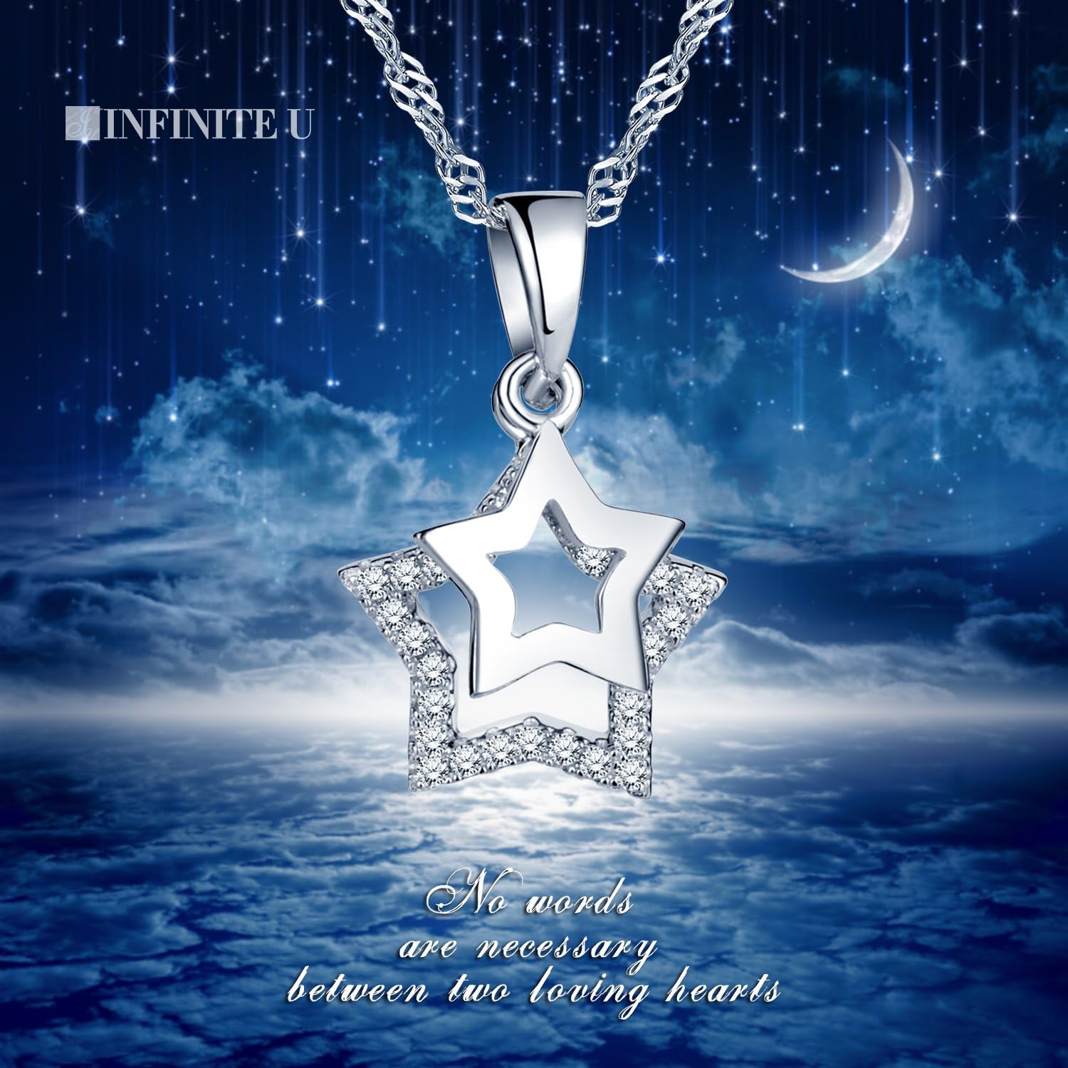 Infinite U 925 Sterling Silver Cubic Zirconia Unique Double Stars Pendant Girls/Women Necklace - Image 4