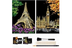 MUGIT 2 Pack Scratch Art Rainbow Painting Paper, Sketch Pad DIY Night View Scratchboard for Kids & Adults, Engraving Art & Craft Set, Painting Creative Gift, 16'' x 11.2'' (Eiffel Tower/Big Ben)